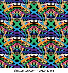 Colorful abstract vector seamless pattern. Bright modern background with radial shapes, figures, lines, stripes, curves. Multicolor creative ornaments. Luxury design for wallpapers, prints, fabric.