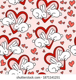 Colorful abstract vector seamless pattern with white bunnies, red hearts