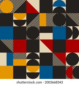 Colorful abstract vector seamless pattern with geometric shapes. Vintage retro bauhaus design background.