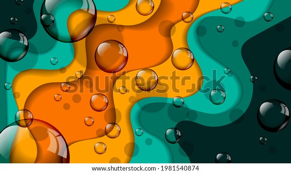 colorful abstract wallpaper with 3d effect. transparent shiny bubbles of different sizes on a background of overlapping abstract shapes with wavy edges. vector 