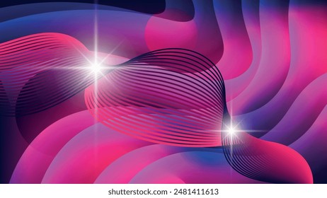 Colorful abstract wallpaper in blue pink tones. Flashes of light, intertwining wavy lines against a background of overlapping abstract shapes and mixing of colors. Vector.