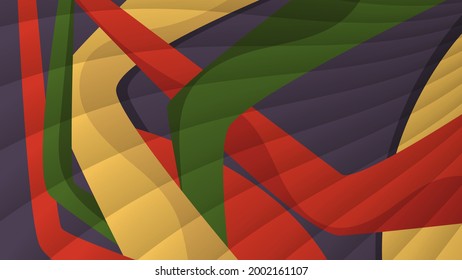 colorful abstract wallpaper. translucent flowing stripes on a background of overlapping red, yellow, green, eggplant abstract shapes. vector