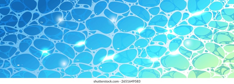 Colorful abstract water ripple surface with sunlight reflections. Blue and green tones with dynamic organic shapes suggest a peaceful aquatic environment.