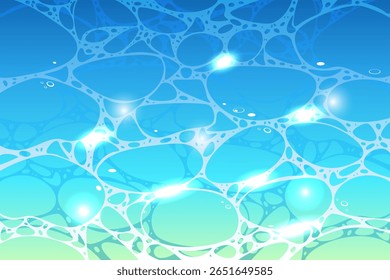 Superfície ondulada de água abstrata colorida com reflexos de luz solar. Tons azuis e verdes com formas orgânicas dinâmicas sugerem um ambiente aquático pacífico.
