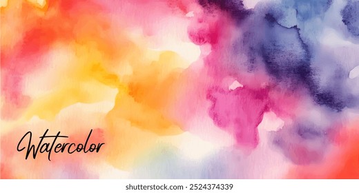 A colorful and abstract watercolor background with blending colors in shades of orange, yellow, red, pink, and purple.