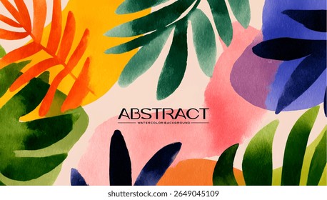 Colorful abstract watercolor background featuring tropical leaves.