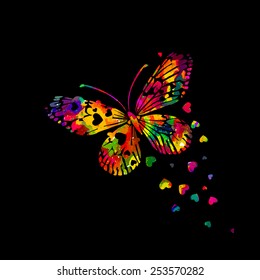 Colorful abstract watercolor butterfly with hearts on a black background. Valentine's Day. Vector 