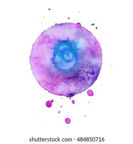 Colorful abstract watercolor circle with splashes and spatters. Modern creative watercolor background for trendy design.