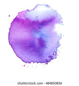 Colorful abstract watercolor circle with splashes and spatters. Modern creative watercolor background for trendy design.