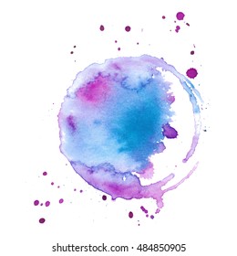 Colorful abstract watercolor circle with splashes and spatters. Modern creative watercolor background for trendy design.