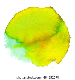 Colorful abstract watercolor circle with splashes and spatters. Modern creative watercolor background for trendy design.