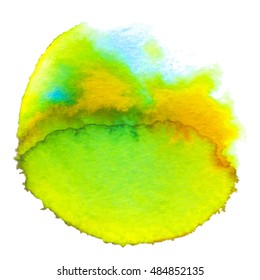 Colorful abstract watercolor circle with splashes and spatters. Modern creative watercolor background for trendy design.