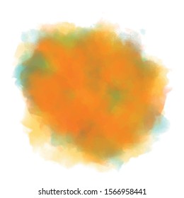 Colorful, abstract watercolor splash background. Orange, yellow and turquoise stain on a white backdrop. Vector illustration. EPS 8. Textured splotch.