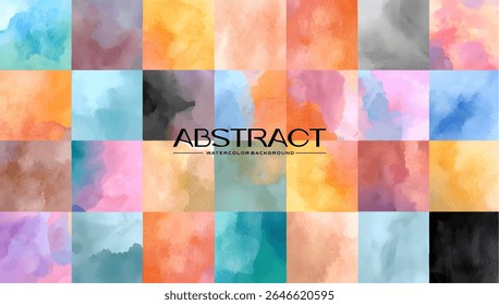 Colorful abstract watercolor squares create a vibrant background.