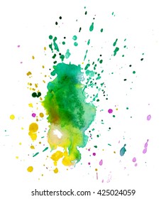 Colorful abstract watercolor stain with splashes and spatters. Modern creative background for trendy design.