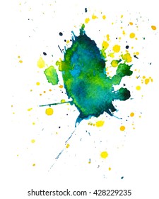 Colorful abstract watercolor stain with splashes and spatters. Modern creative background for trendy design.