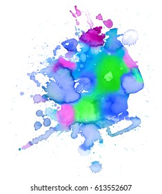 Colorful abstract watercolor texture stain with splashes and spatters. Modern creative watercolor background for trendy design.
