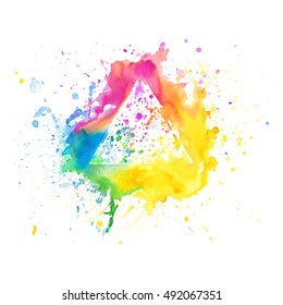 Colorful abstract watercolor triangle with splashes and spatters. Modern creative watercolor background for trendy design.