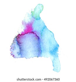 Colorful abstract watercolor triangle with splashes and spatters. Modern creative watercolor background for trendy design.