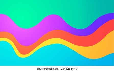 Colorful abstract wave background with vibrant gradient curves, modern flat design in purple, orange, yellow, blue, and green tones, trendy digital art wallpaper for banner, poster, or Presentation. 