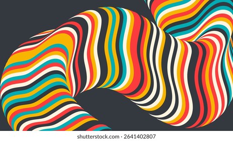Colorful abstract wave formed by flowing multicolored stripes on a dark background dynamic optical illusion effect