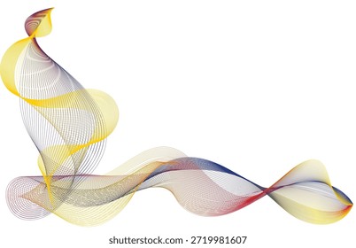 Bunte abstrakte Wellenlinien mit geschichteten Kurven in Gelb-, Blau-, Rot- und Violetttönen auf weißem Hintergrund. Dynamisches fließendes Banddesign, das Energie, Kreativität, Technologie und moderne visuelle Kommunikation repräsentiert.