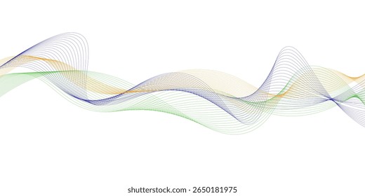 Colorful abstract wave lines on white background. Smooth flowing gradient curves in green, orange, blue, and purple tones. 