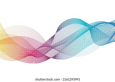 Colorful abstract wave lines simulating a fluid horizontally on a white background with a dot pattern, ideal for technology, music, science and the digital world