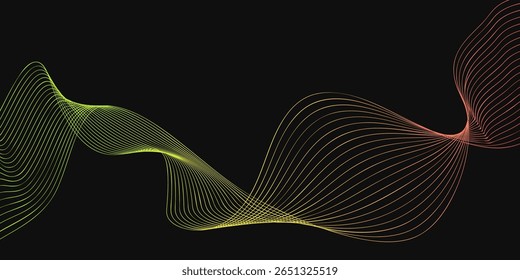 Colorful abstract wave patterns create a dynamic visual design on a dark background