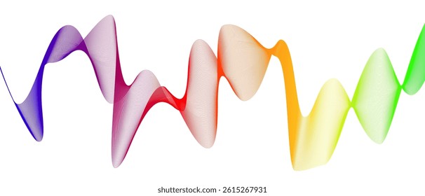 Colorful abstract wave with a rainbow gradient and fine contour lines flowing smoothly across a white background, representing motion, energy, or data visualization.