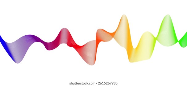 Colorful abstract wave with a rainbow gradient and fine contour lines flowing smoothly across a white background, representing motion, energy, or data visualization.