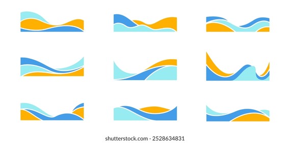 Borde de forma de onda Abstractas colorida y Colección de Vector de marco de esquina. Elementos decorativos Esquinas, bordes y marcos. Forma elegante para el diseño de Anuncios, certificados, invitaciones y cubiertas