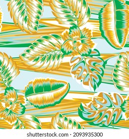 colorful abstract wave texture background with tropical leaves and flower plants foliage seamless pattern. Colorful stylish floral. Floral background. Exotic tropic. Summer design. fashionable print