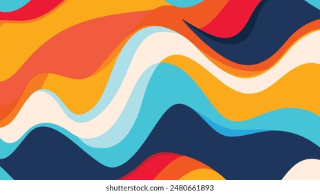 Colorful abstract wavy pattern with vibrant hues of orange, blue, and red. Ideal for backgrounds, wallpapers, and creative designs