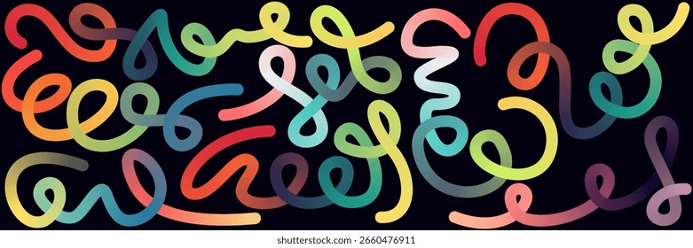 Colorful abstract wavy vector gradient lines, shapes in various hues style create rainbow dynamic composition on dark background, ideal for modern design presentation and creative pattern art poster.