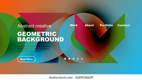 Design de cabeçalho de site abstrato colorido. As formas geométricas se sobrepõem, criando um efeito visual vibrante. O texto promove o conteúdo criativo do portfólio.
