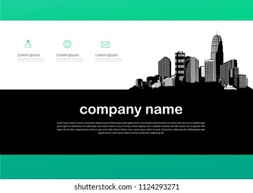 Colorful abstract website template background with black and white skyscrapers.