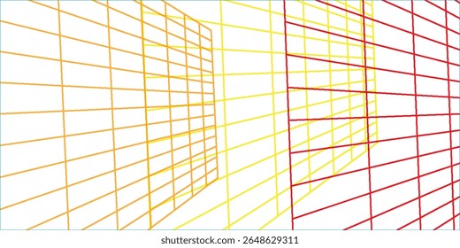 Rejilla abstracta colorida del wireframe con la transición del gradiente de naranja al rojo en el fondo blanco, perspectiva geométrica moderna 3D.