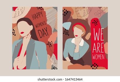 Colorful abstract women illustration, fashion concept, woman beauty with geometric doodle abstract floral elements.Feminisms concept template design. Can be used for card, flyer, banner, poster.