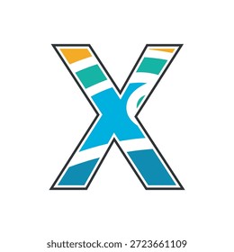 Farbenfrohe abstrakte X-Form Logo-Design mit Streifen und hellen Blöcken.