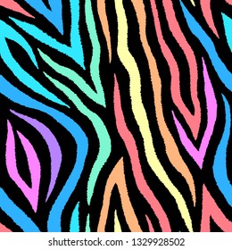 Colorful abstract zebra seamless pattern. Neon lines on black background. Rainbow stripes repeating backdrop. Vector print for fabrics, posters, banners. 