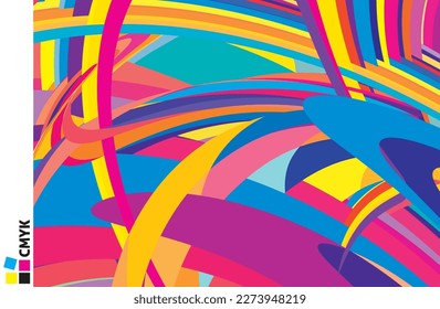 Colorful abstraction by complicated saturated multicolor curved stripes. Particolored vector graphic pattern. CMYK colors