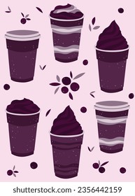 Açai colorida, acai, helado de baya açaí en taza de plástico. Supercomida brasileña. Conjunto de ilustraciones vectoriales de color, fondo.