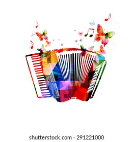 Colorful accordion. Music instrument background with butterflies