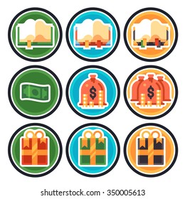 Colorful  Achievement Badges. Book, Money, Gift. Vector Flat Gamification Icons.