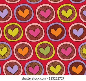 Colorful acid endless pattern with hearts in circles. Abstract background with many decorative elements. Happy childish template