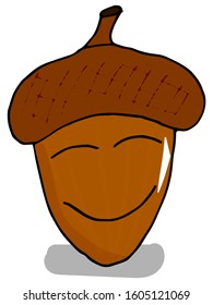 Colorful acorns cartoon character with a pleased expression on a white background doodle style. Hand-drawn vector illustration for badge, logo, sticker, print.