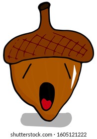 Colorful acorns cartoon character with yawning face on a white background doodle style. Hand-drawn vector illustration for badge, logo, sticker, print.