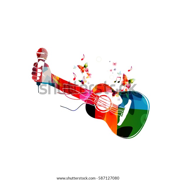 Colorful Acoustic Guitar Hand Microphone Music Stock Vektorgrafik Lizenzfrei