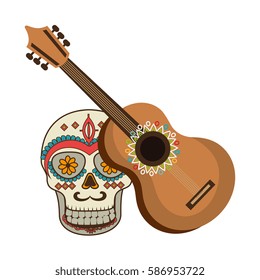 colorful acoustic guitar musical with decorative ornamental sugar skull